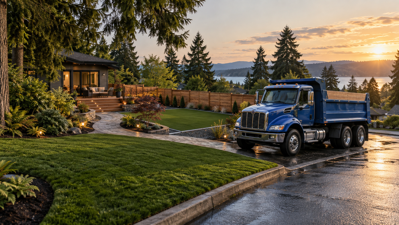 Completed landscaping project with a blue dump truck in Washington